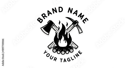 Black and White Logo with Axes and Flame.