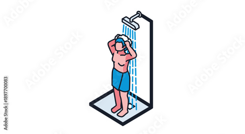Man Standing Under Shower Head Washing.