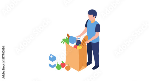 Man Unpacking Grocery Bag with Fresh Produce.