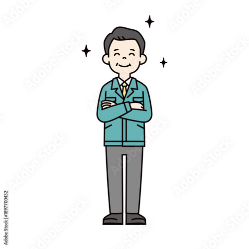 腕を組んで感心する・褒める、中小企業の社長・経営者・工場長の全身ベクターイラスト素材