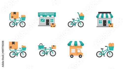 Delivery Icons: Bikes, Stores, and Food Truck