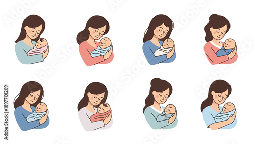 Mother Holding Baby Variations Set - Gentle Embrace Vector Art