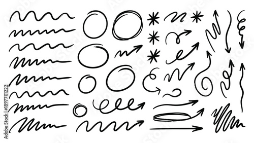 Collection of playful organic hand-drawn black ink doodles and emphasis marks. Minimalist vector illustration with imperfect linework for highlighting text or designs on a white background.