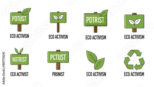 Set of Green Signs with Leaves and Recycling Symbol for Eco Activism
