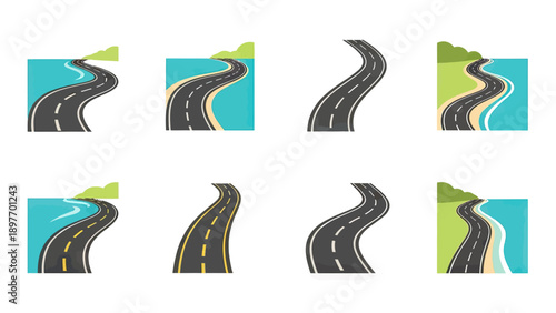 Curving Roads Next to Water and Greenery - Set of Vector Illustrations