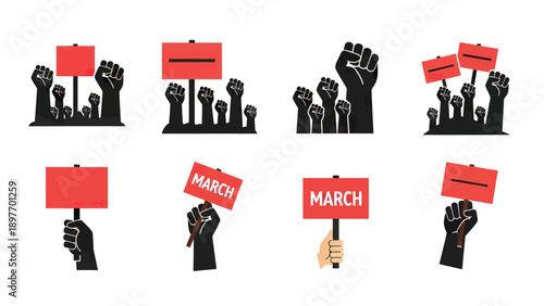 Protest Signs and Raised Fists Vector Illustrations