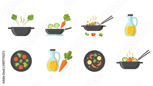 Cooking Process Icons: Wok Frying, Stir-fry, Salad, and Ingredients