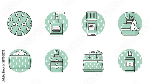 Skincare and Cosmetics Icons: Droplets, Bottles, and Bag
