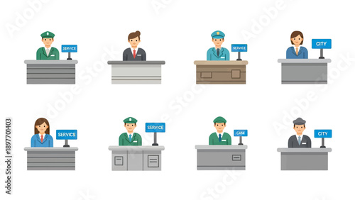 Diverse Service Staff at Reception Desks Vector Icons