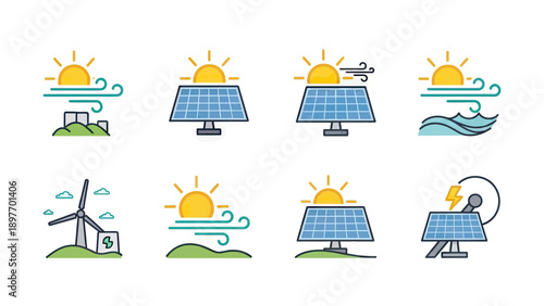 Renewable Energy Icons: Solar, Wind, and Water Power