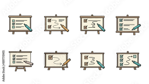 Presentation Board and Marker Icons with Checklists and Flowcharts