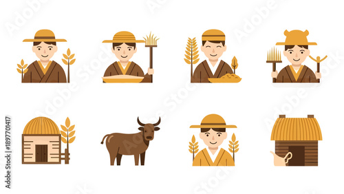 Farming Icons: Farmers, Animals, and Rural Buildings Collection
