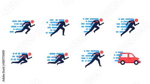 Dynamic Runner Icons and Red Car Set, Motion Blur Effect