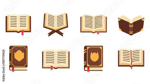 Collection of Open and Closed Books with Ribbons, Vector Set