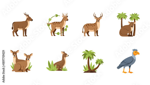 Deer and Exotic Bird Collection Vector Illustration