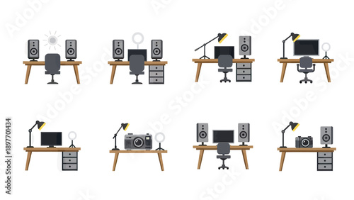 Creative Workspace Setup Illustrations: Desk, Computer, Camera, Speakers