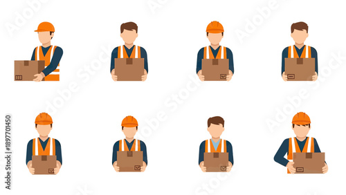 Construction Workers with Cardboard Boxes Flat Icons Set