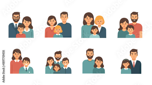 Diverse Family Portraits Collection in Flat Design Style