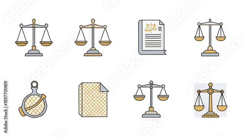 Justice Scales and Legal Document Icons Set