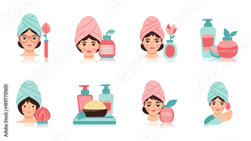 Skincare Routine Icons: Woman's Face with Products and Flowers