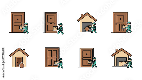 Delivery Person Icon Set: Doorstep Package Drop-off and Garage Delivery