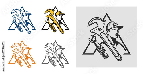 mechanic or plumber logo, mason technician, letter a, design A, wrench, 4 colors and monochrome