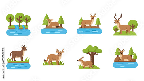 Deer in Natural Habitat Vector Illustrations Collection