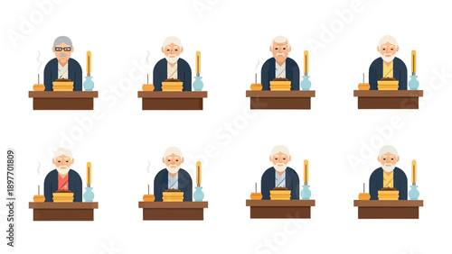 Elderly Man Sitting at Desk with Incense and Books