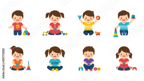 Wallpaper Mural Cute Kids Playing with Toys - Cartoon Children Vector Set Torontodigital.ca