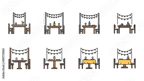 Cozy Dining Setups with String Lights Vector Illustration
