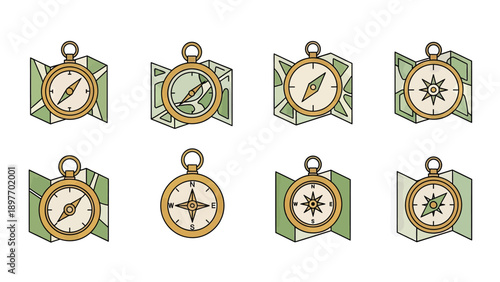Vintage Compass and Map Icons Set, Navigation and Travel Theme