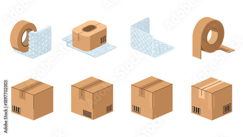 Isometric Cardboard Boxes and Packing Tape Vector Set