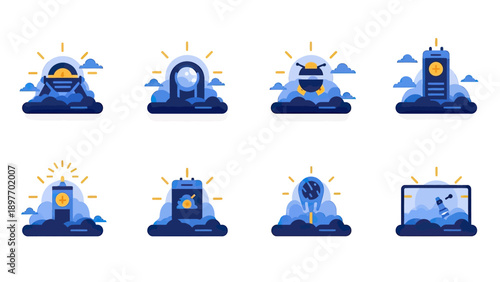 Abstract Technology and Innovation Icons with Sun and Clouds