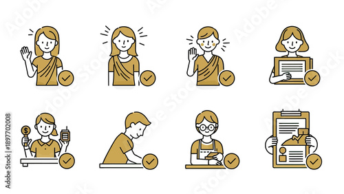 Set of People Icons with Checkmarks in Gold and White