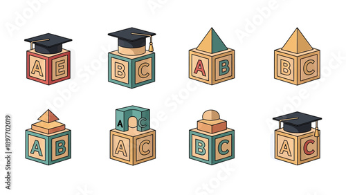Educational Blocks with Graduation Caps and Architectural Elements