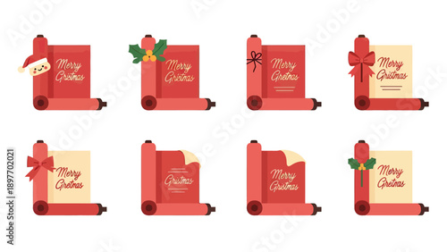 Christmas Scroll Banners with Festive Decorations Vector Set