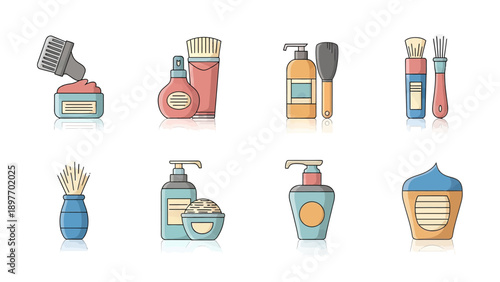 Grooming and Beauty Product Icons: Brushes, Creams, and Lotions