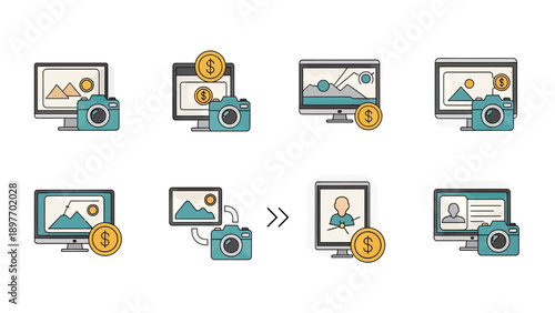 Photography Business Icons: Camera, Computer, Coin, and Photo Display