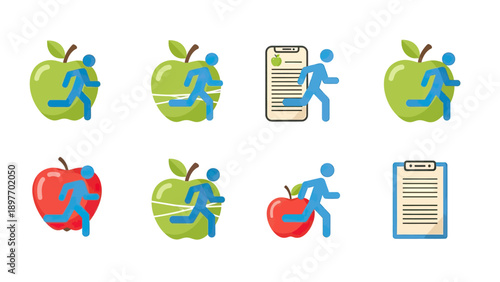 Healthy Lifestyle Icons: Running Figures, Apples, and Health Tracker
