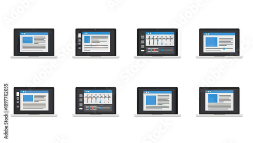 Set of Modern Laptop Screens Displaying Web Content and Interfaces