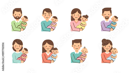 Diverse Families Holding Babies, Cute Flat Vector Icons