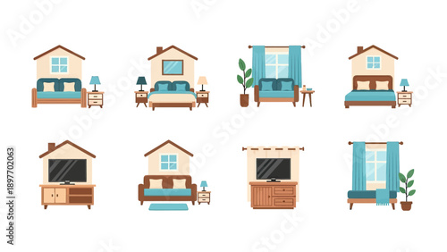 Cozy Bedroom and Living Room Scenes Vector Set