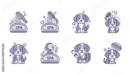Cute Dog Spa and Grooming Icons Set Vector Illustration