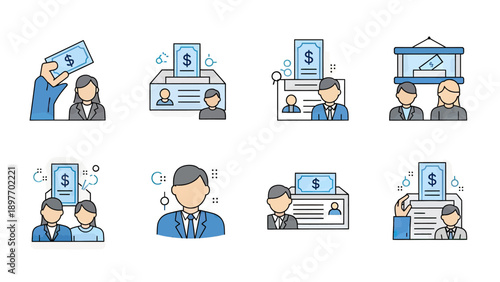 Business Icons: Financial Transactions and Professional Profiles