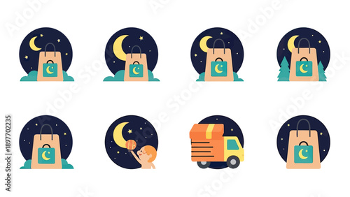 Night Delivery Icons: Shopping Bag, Moon, Stars & Delivery Truck
