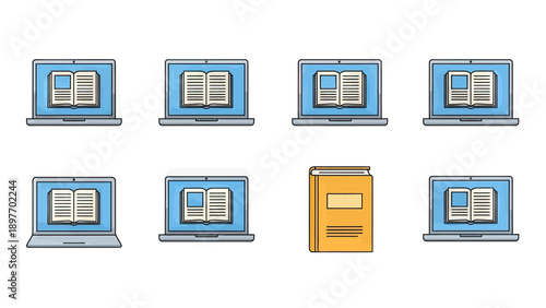 Digital Learning and Reading Icons with Open Books on Laptops