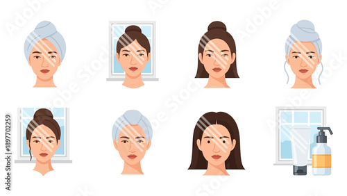 Diverse Women Skin Concerns and Skincare Routine Vector Art
