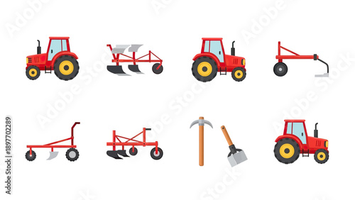 Red Tractors and Farming Equipment Vector Set