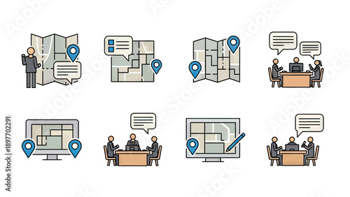 Business Meeting and Planning Icons: Maps, People, and Technology