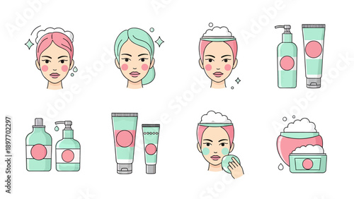 Skincare Routine Icons: Cleansing, Moisturizing, and Beauty Products